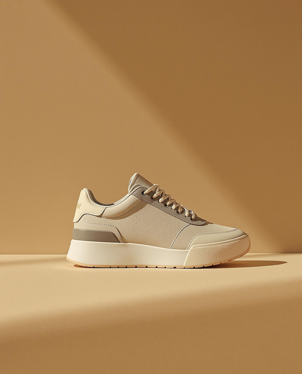 Sneaker beige sobre exhibidor, tendencia de calzado otoño-invierno 2026/27